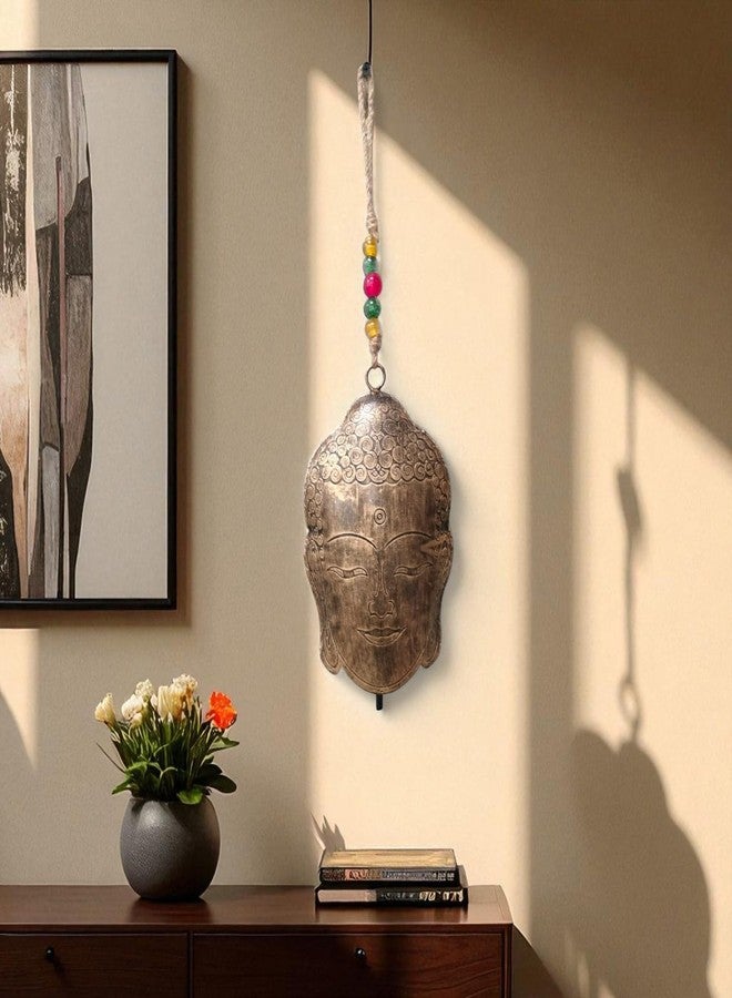 DULI Handcrafted Brass Buddha Face Wall Hanging Showpiece with Beaded String | Spiritual & Vastu Home Décor | 14 Inches Length, 8 Inches Face | Meditation & Gift Item (MetalBell-BuddhaFace) - Image 3